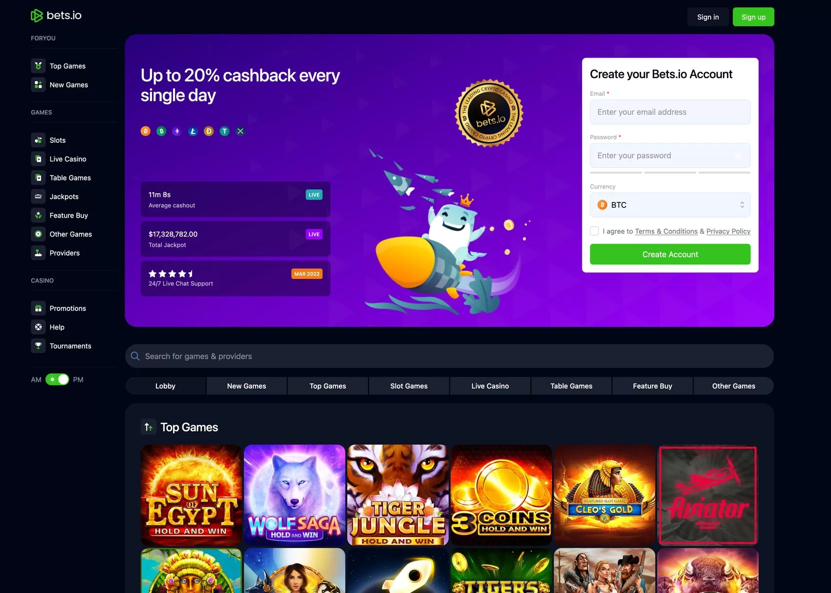 Bets.io's Homepage Casino offers