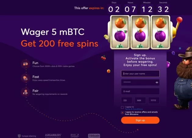 Bitcasino's homepage